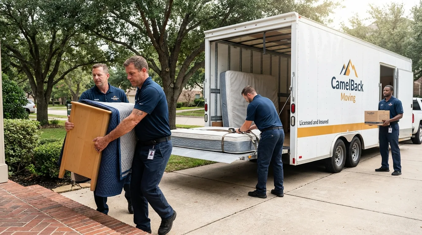 Crew loading residential truck for cross-state move from Carthage, IL