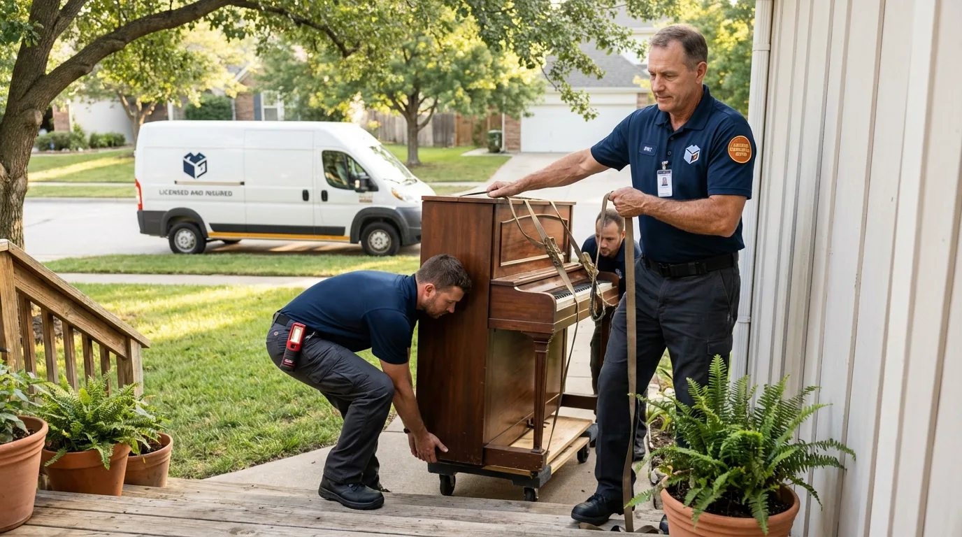 Licensed piano movers securing grand piano in Carthage, IL