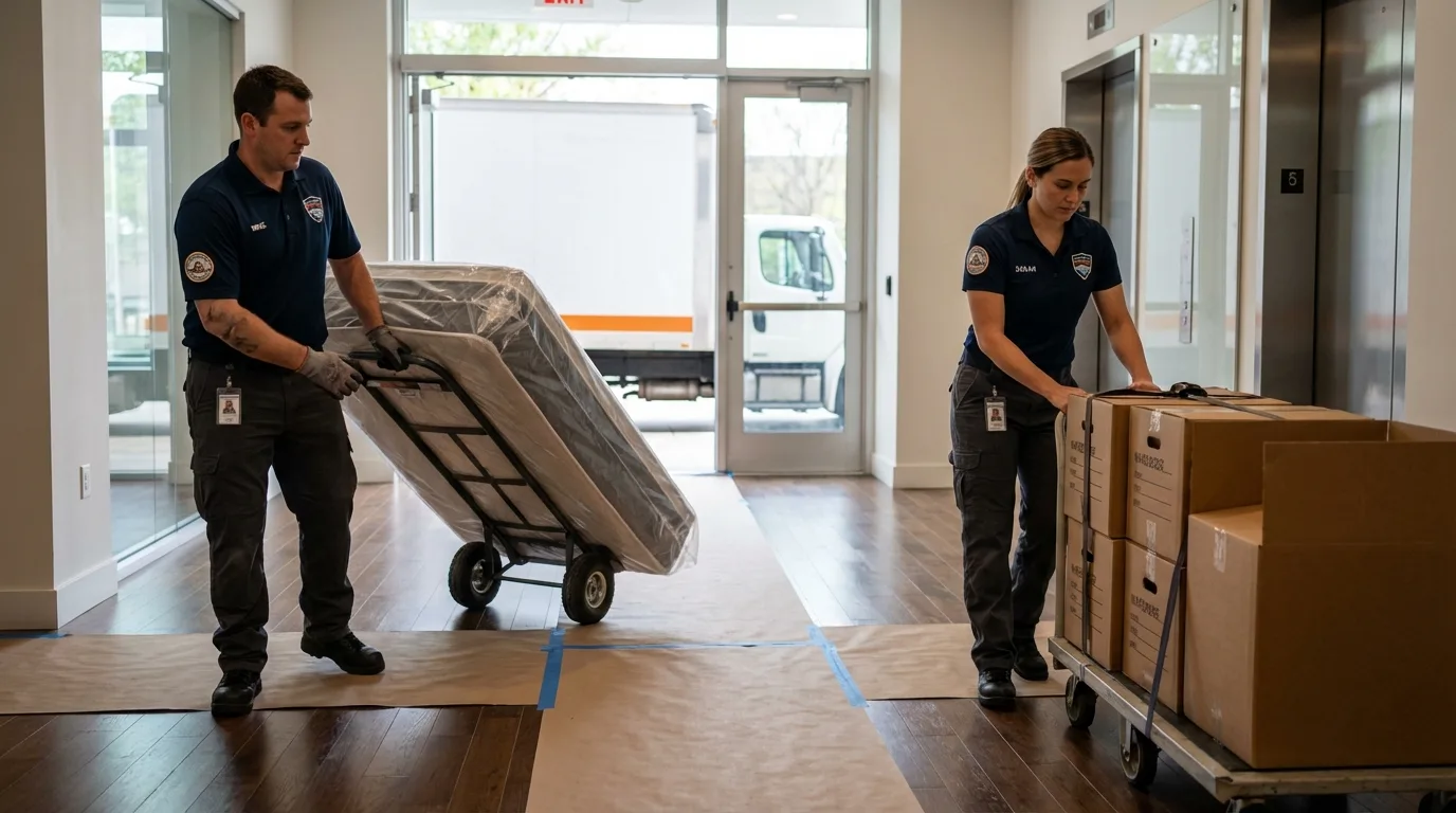 Professional apartment movers loading elevator in Carthage, IL