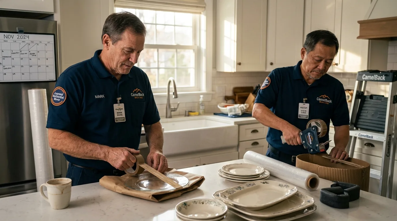 Professional crew packing kitchen dishware in Carthage, IL